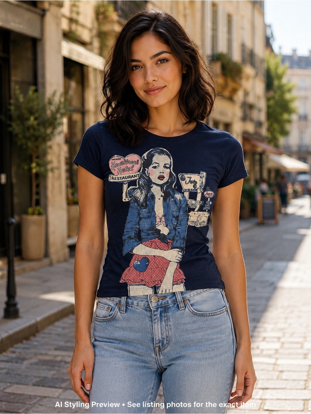 Onion Laundry Y2K Pin Up Graphic Baby Tee XS Navy Tattoo Rockabilly